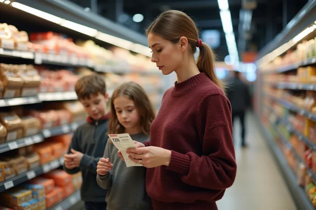 Mère de famille nombreuse tenant un chèque différé Leclerc dans un supermarché avec ses enfants
