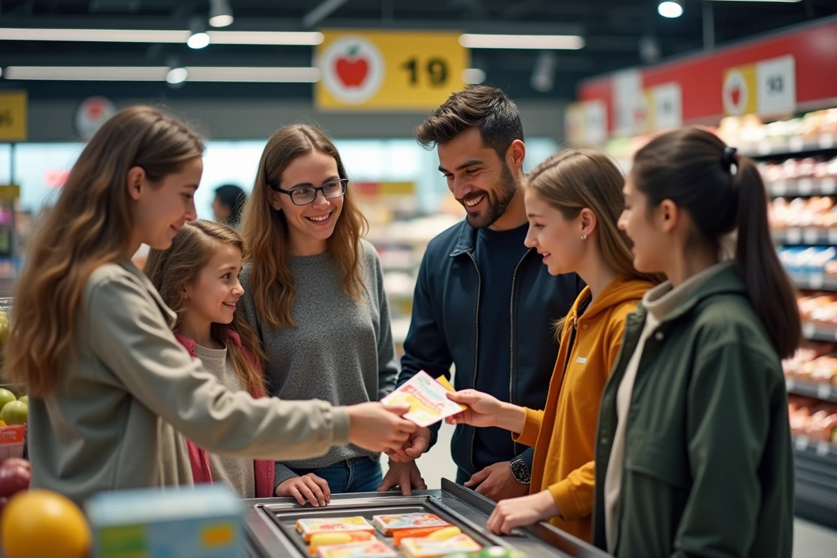 Grande famille remettant un chèque différé Leclerc à la caisse d'un hypermarché pour faire des économies