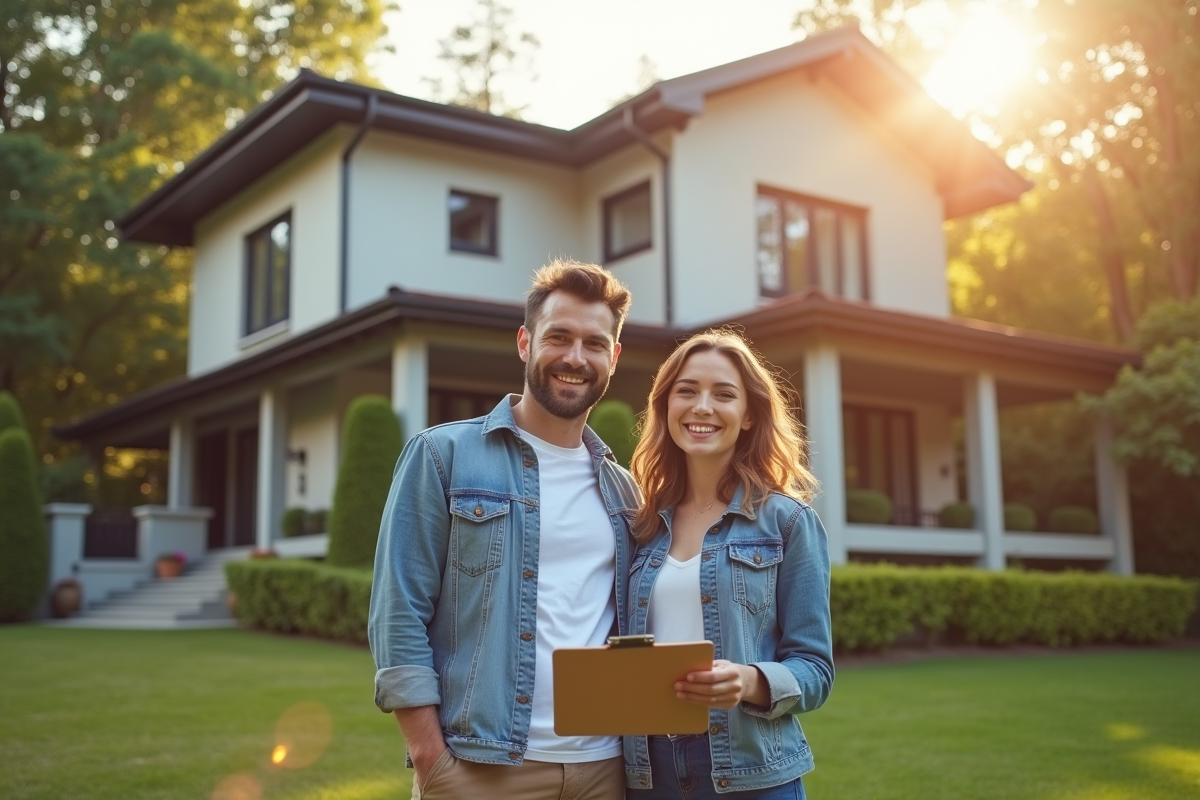 Famille heureuse devant maison de location de vacances