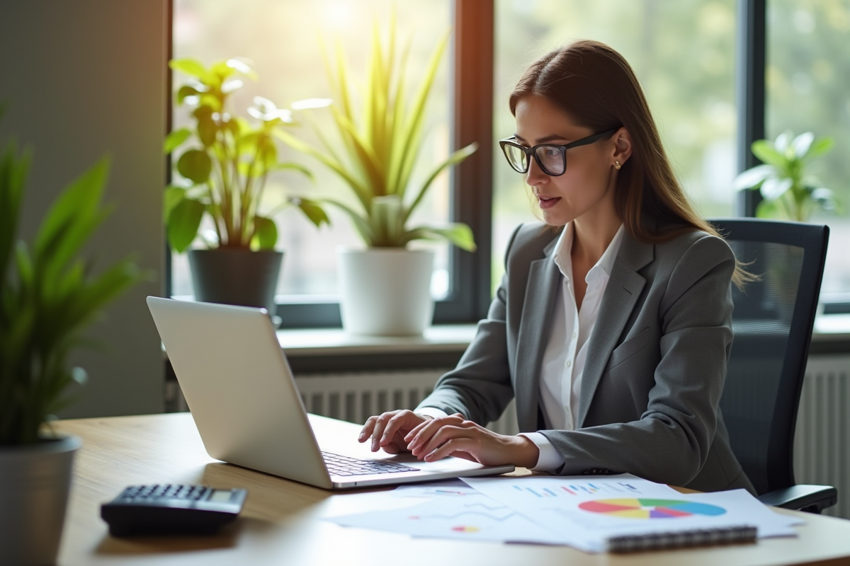 Femme d'affaires confiante analysant des graphiques financiers