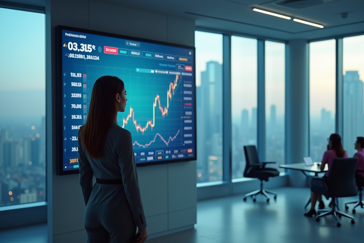 Femme d'affaires analysant un grand écran bourse moderne