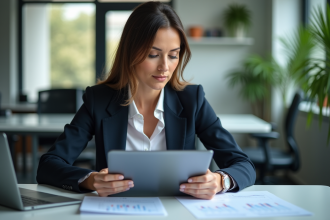 Femme d'affaires concentrée sur ses graphiques crypto