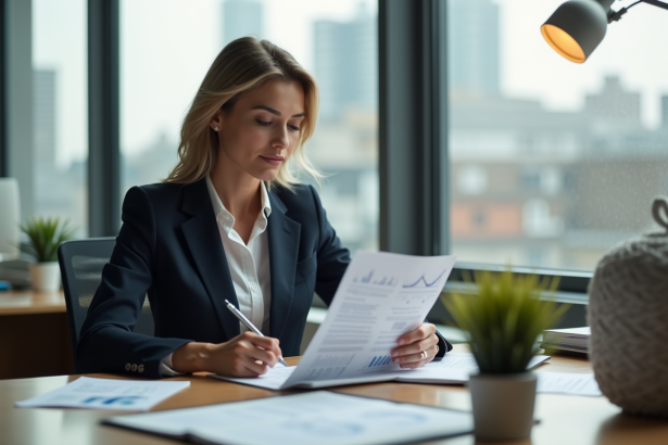 Femme d affaires en train d examiner des documents dans un bureau lumineux
