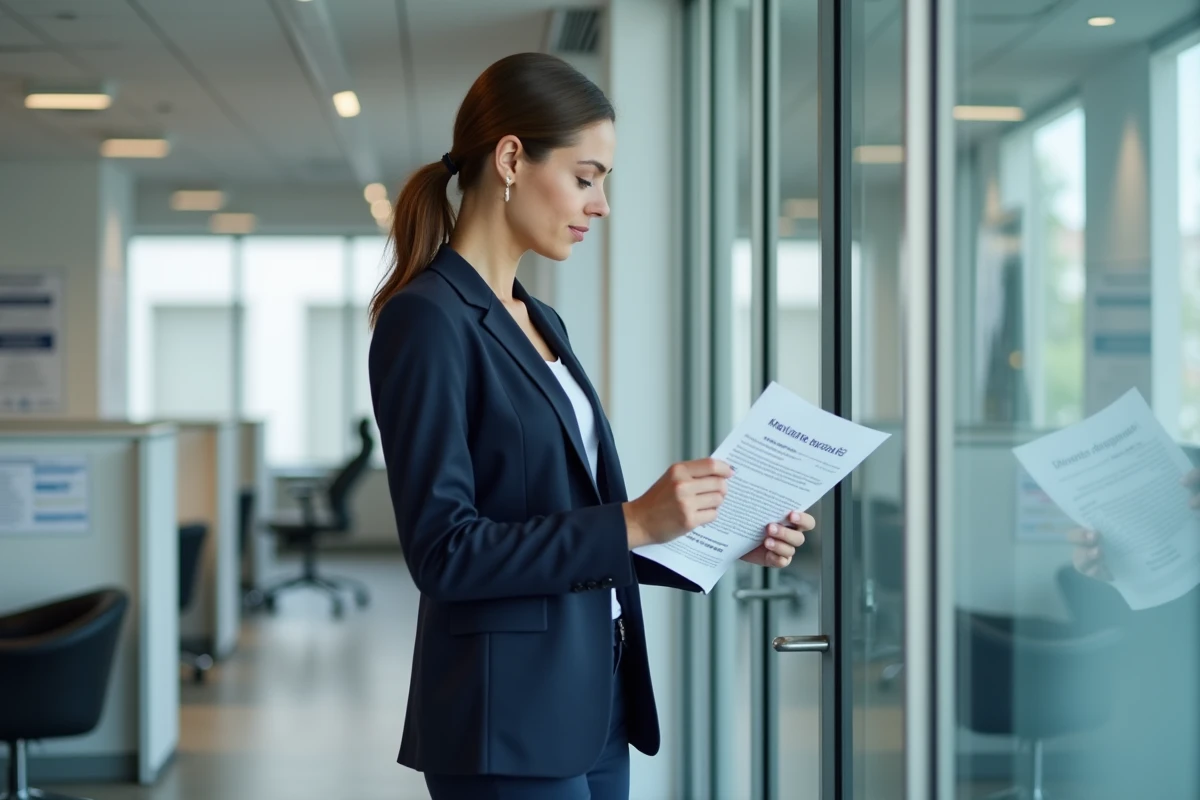 Femme en agence Pôle emploi tenant une notification de versement et analysant ses droits à l'indemnisation