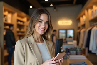 Femme consultant une application de remboursement sur smartphone en magasin pour cumuler les avantages de fidélité
