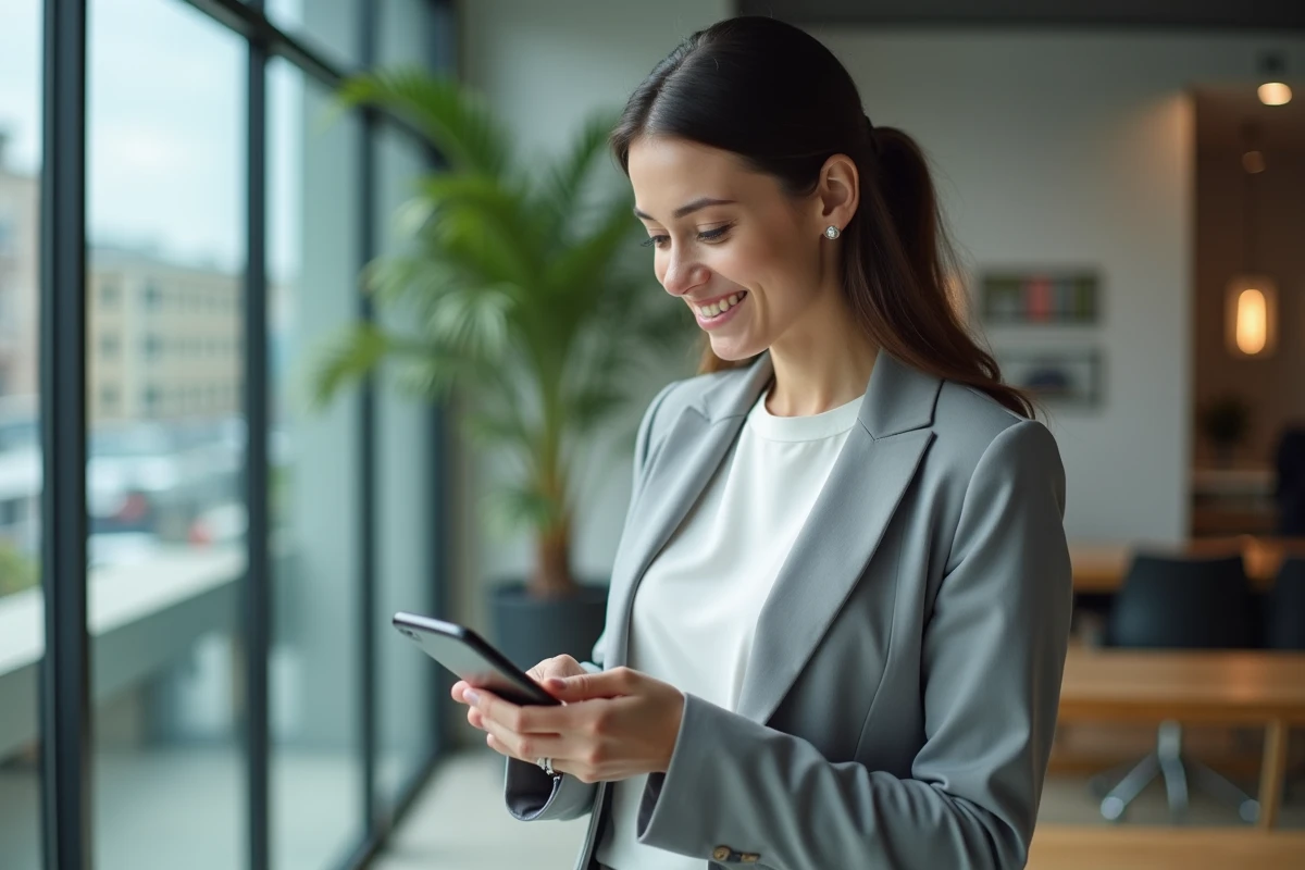 Femme accédant à l'espace client CMB sur smartphone dans un espace de coworking contemporain