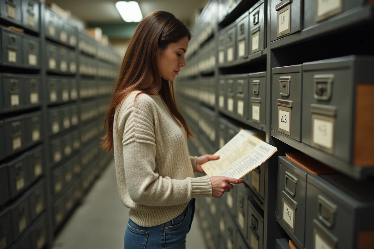 Femme comparant une facture ancienne dans un archive municipale