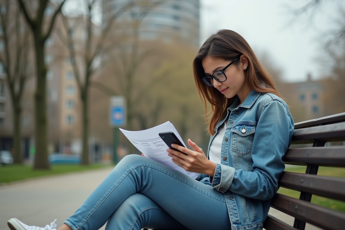 Jeune femme regardant ses relevés bancaires en plein air