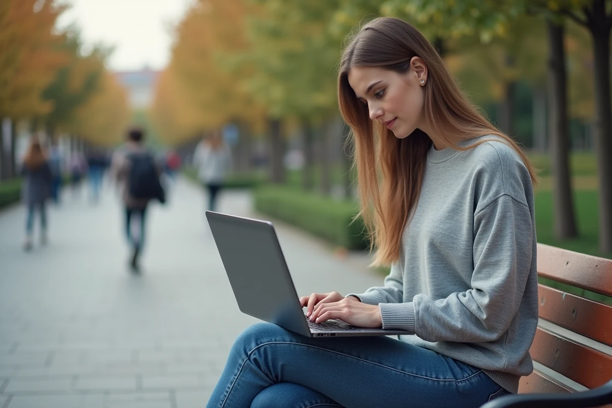 Jeune femme assise sur un banc de parc avec un ordinateur portable