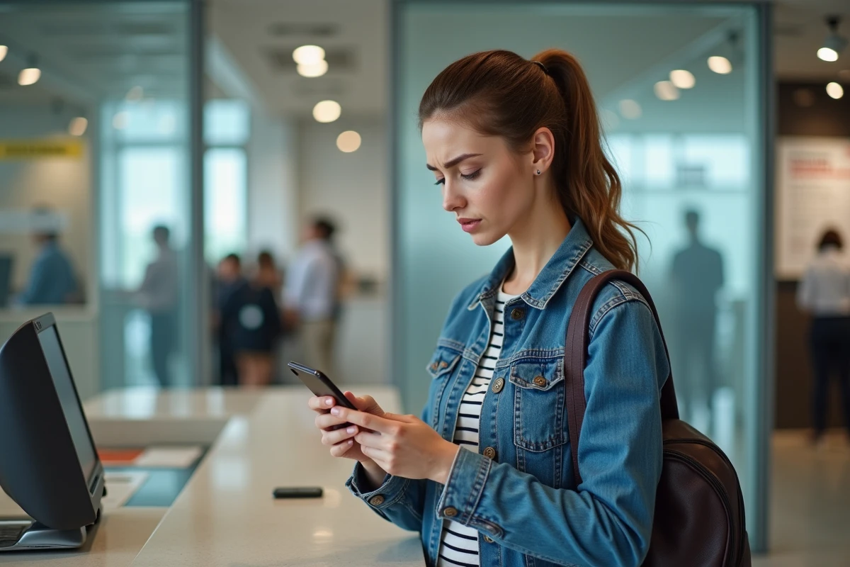 Femme dans une agence bancaire utilisant son smartphone