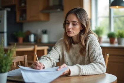 Femme examinant ses factures et chéquier à la maison