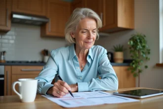 Femme en blouse bleue examine son budget mensuel