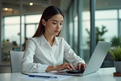 Jeune femme professionnelle concentr&eacute;e sur son ordinateur au bureau