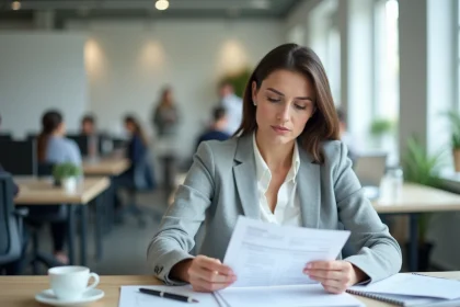 Femme cadre consultant sa fiche de paie dans un bureau moderne, illustration salaire brut net 2026