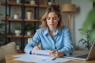 Femme concentrée examinant des documents financiers au bureau
