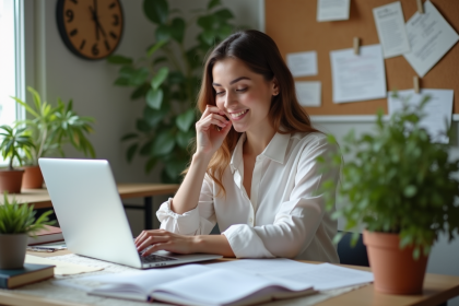 Femme d'affaires lisant un document dans son bureau lumineux