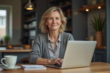 Femme d'âge moyen travaillant sur un ordinateur dans une cuisine moderne