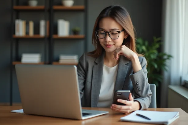 Jeune femme en bureau moderne avec ordinateur et smartphone
