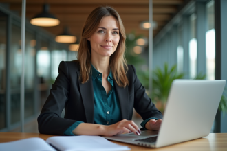 Femme d affaires concentrée au bureau avec ordinateur