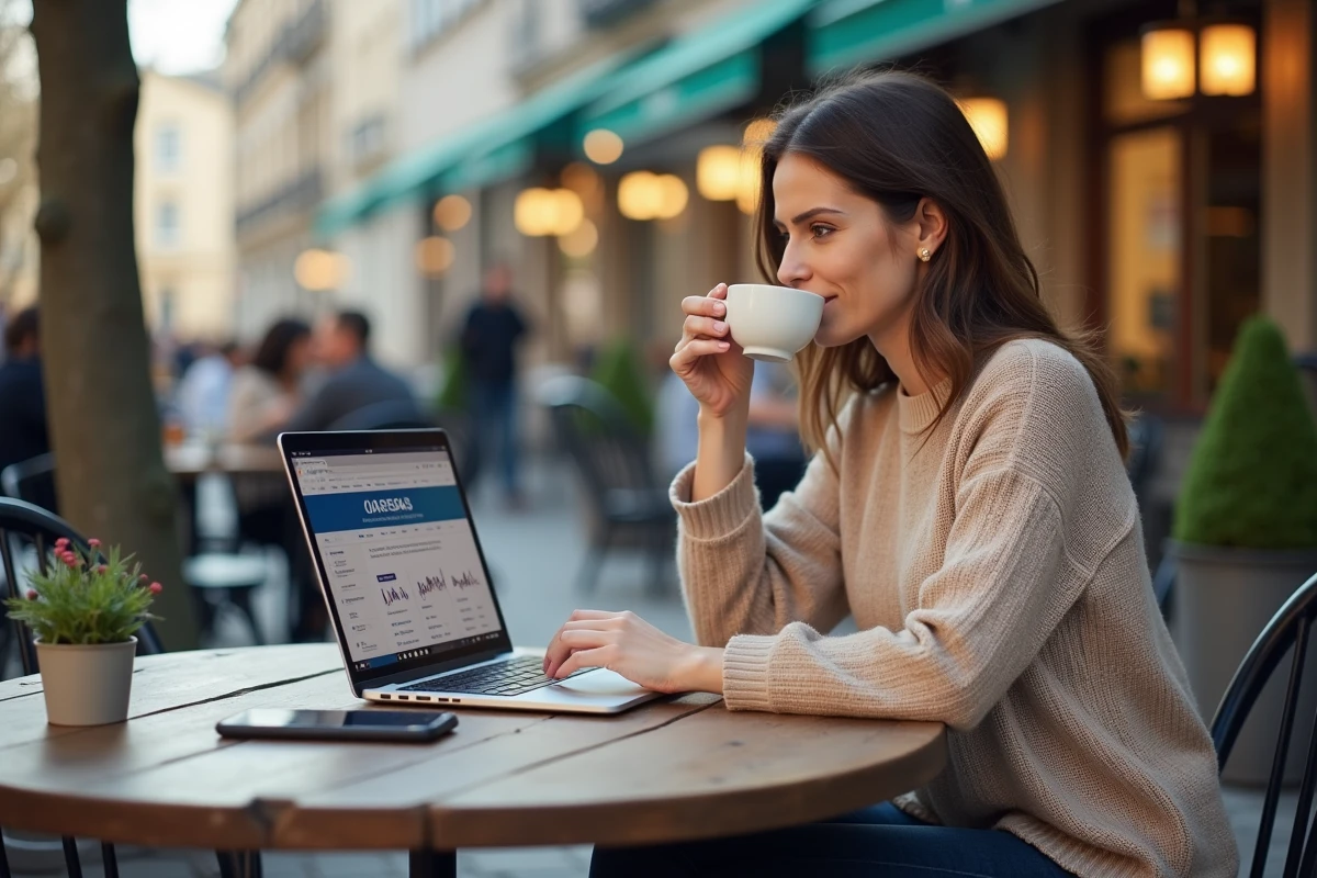 Femme lisant un site financier Airbus en ext&eacute;rieur