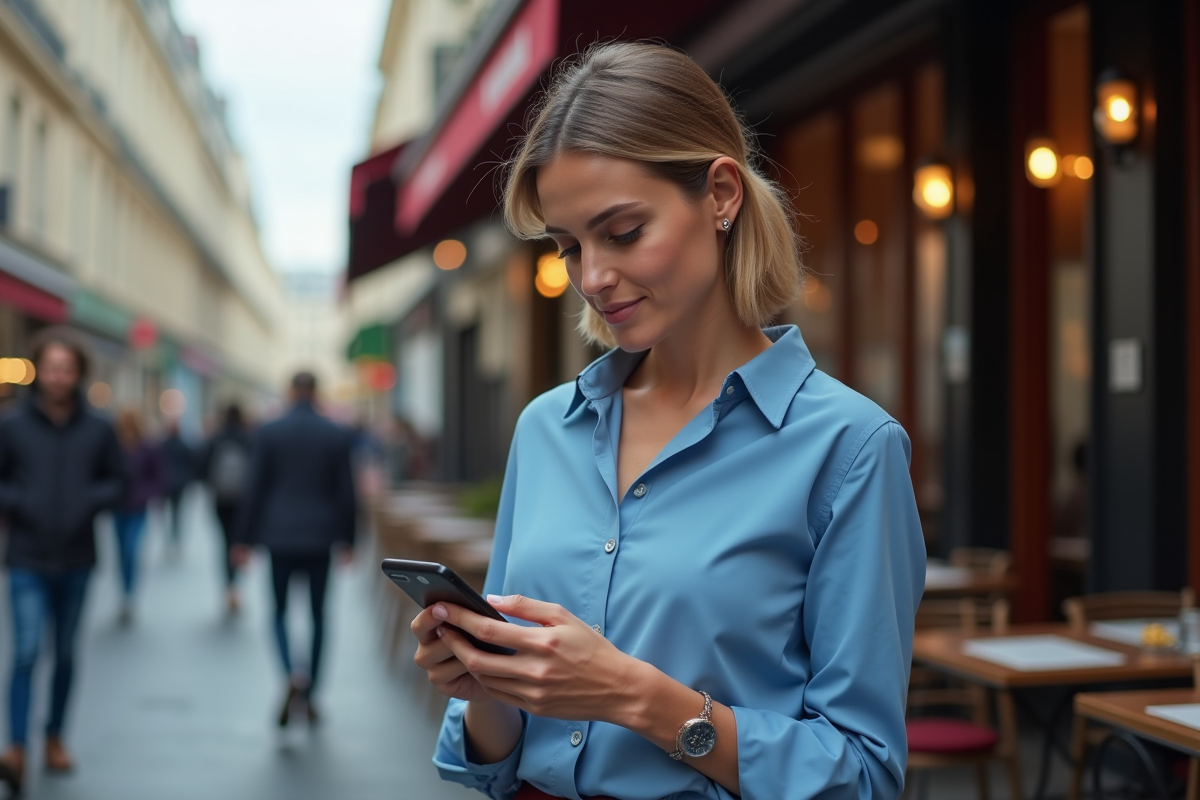 Femme vérifiant ses données boursières au café parisien