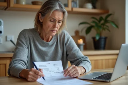 Femme calculant le prix du kWh sur sa facture d'électricité à la maison