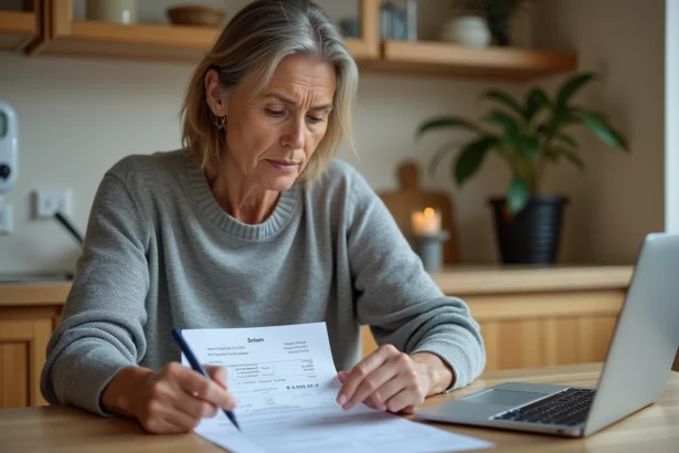 Femme calculant le prix du kWh sur sa facture d'électricité à la maison