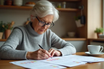 Femme consultant un calendrier d'invalidité imprimé avec des annotations financières sur une table en bois