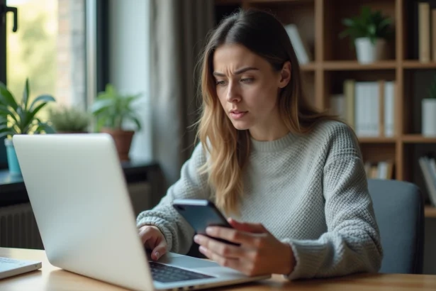 Femme consultant l'application PayPal sur smartphone et relevé bancaire sur ordinateur portable lors d'un litige de paiement