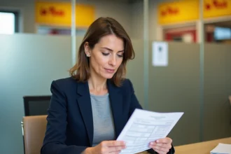 Femme consultant un relevé de compte CCP dans une agence La Banque Postale
