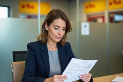 Femme consultant un relevé de compte CCP dans une agence La Banque Postale