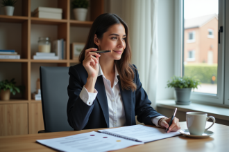Femme d affaires examinant des documents de prêt immobilier