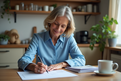 Femme d'âge moyen corrigeant un cheque dans sa cuisine chaleureuse
