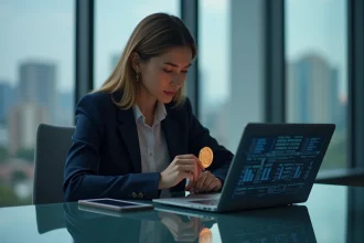 Femme d affaires examinant une pièce cryptée dans un bureau moderne