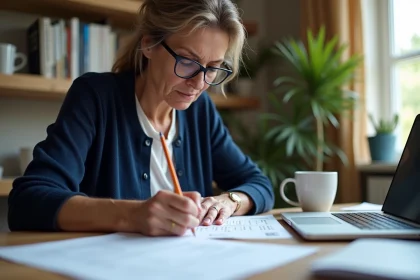 Femme consultant un formulaire CERFA de déclaration d'impôts à son bureau à domicile avec des documents fiscaux et un ordinateur portable