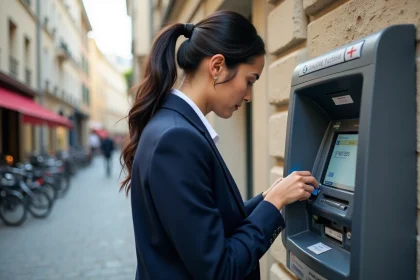 Femme insérant sa carte bancaire dans un distributeur Banque Postale en rue