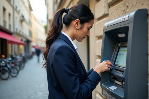 Femme insérant sa carte bancaire dans un distributeur Banque Postale en rue