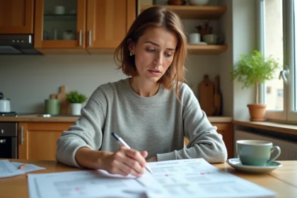 Femme consultant ses fiches de paie et documents administratifs à la cuisine pour vérifier son éligibilité à la prime d'activité