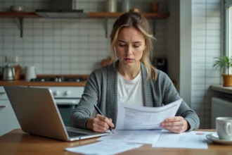 Femme consultant des documents administratifs sur la prime d'activité à la maison