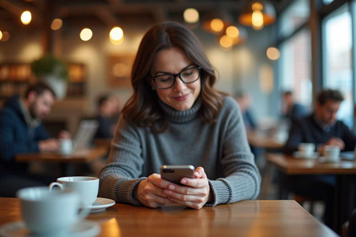 Femme entre son code PIN sur smartphone dans un café animé