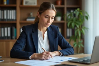 Femme examinant un contrat de crédit à la consommation CA Consumer Finance à son bureau à domicile