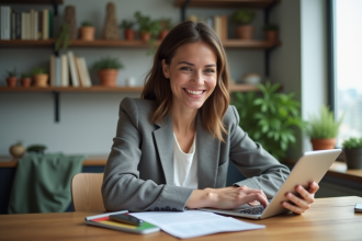 Femme souriante en intérieur pour article finance