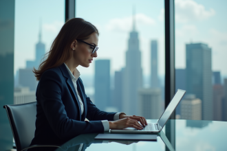 Femme d'affaires en costume regardant des graphiques financiers