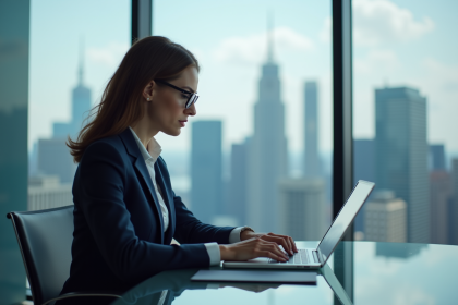 Femme d'affaires en costume regardant des graphiques financiers