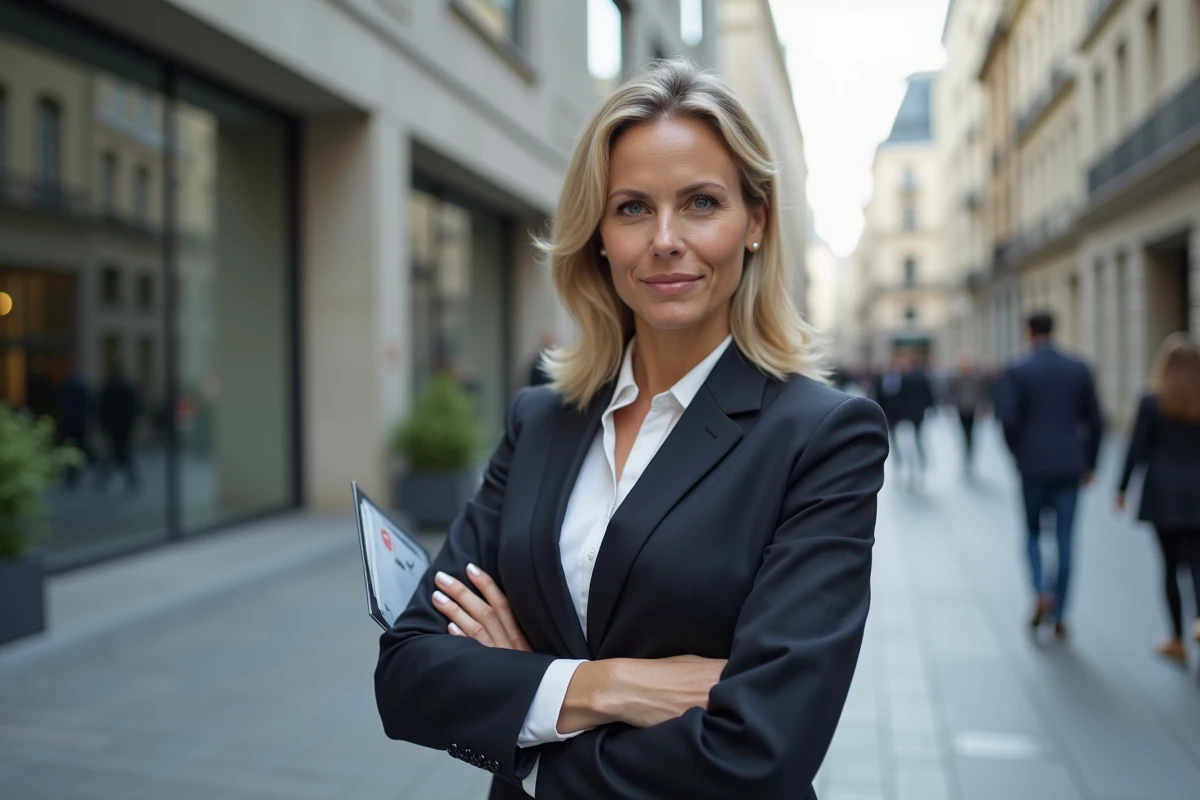 Femme fran&ccedil;aise en ext&eacute;rieur dans un bureau moderne