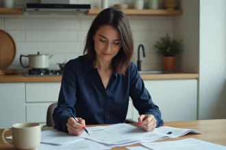 Femme d'âge moyen vérifiant ses relevés bancaires à la maison