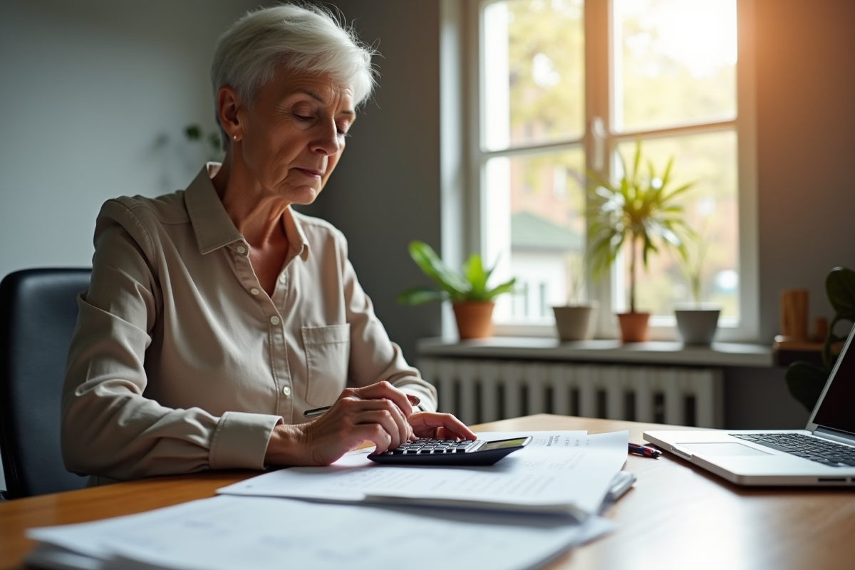 Femme d'âge moyen examine des documents de pension dans un bureau lumineux