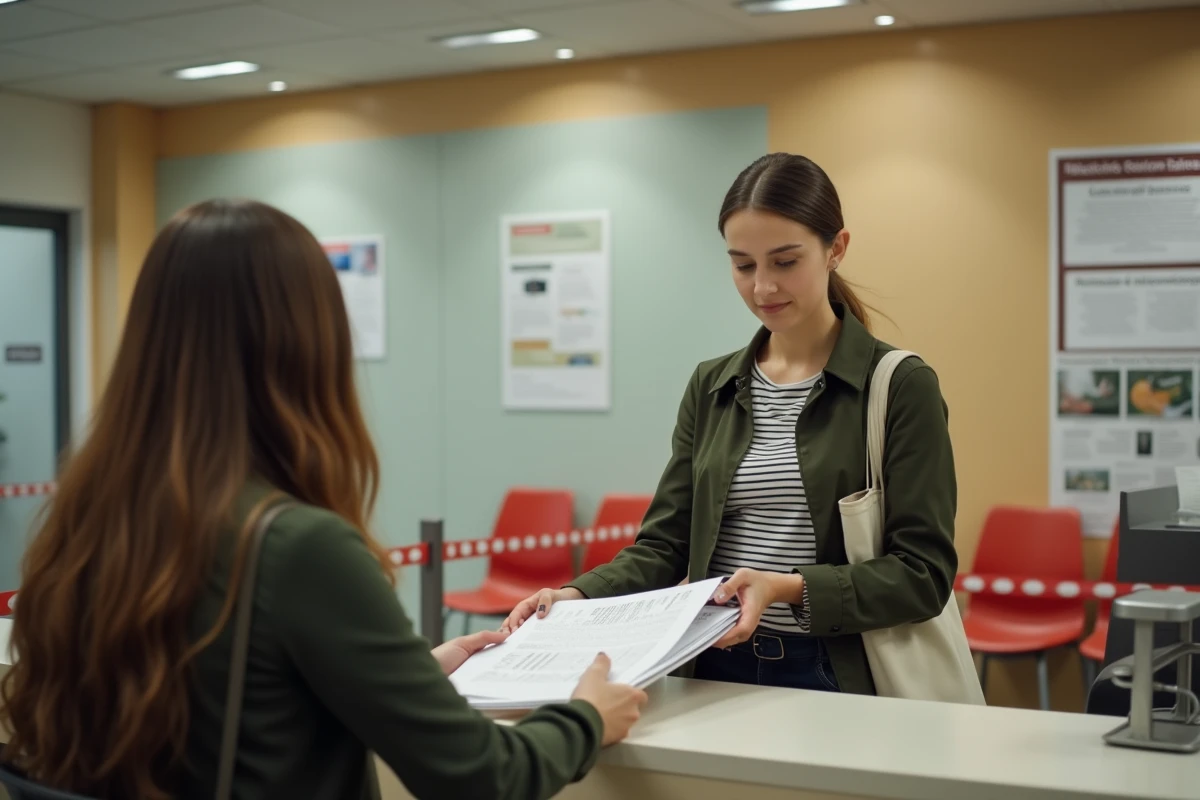 Femme déposant un dossier au guichet d'un organisme administratif pour maintenir son droit à la prime d'activité