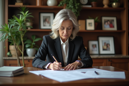 Femme d'âge moyen analysant des documents financiers dans un bureau