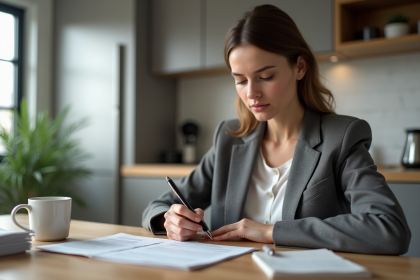 Femme lisant un document de pret dans la cuisine